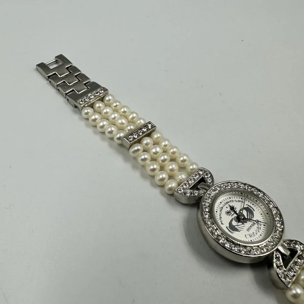 Rovada Claddagh Watch Women Silver Tone Faux Pearl Band Rhinestones New Battery